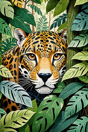 (Cinematic Photo:1.3) of (Ultra detailed:1.3) jaguar hiding behind the leaves in the rainforest, in the style of bloomsbury group, expressive character design, focus on joints/connections, leaf patterns, playful animation, shaped canvas, soft watercolours,Highly Detailed