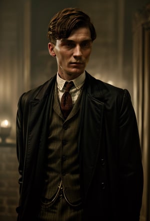 color photo of Thomas Shelby, the charismatic and ruthless leader of the Peaky Blinders 