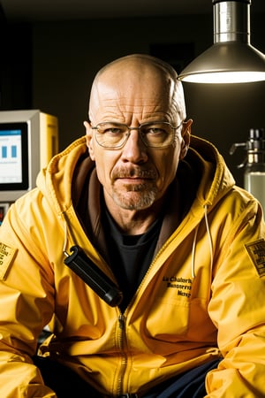 50 yo man, walter white, breaking bad, in a yellow lab suit, in his chemistry lab, cinematic,ultrarealistic,soft lighting