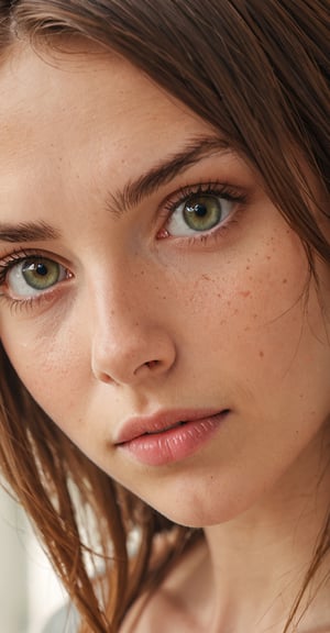 portrait of a young woman. she is looking up at the camera. her shoulder length brown hair frames her face. she is confident. natural beauty. beautiful green eyes with a little brown ring in her iris. catchlights in the eyes. full lips. The image has a neutral color tone with natural light setting. f/5.6 50mm, close-up, sharp focus, (Best Quality:1.4), (Ultra realistic, Ultra high res), Highly detailed, Professional Photography,SD 1.5