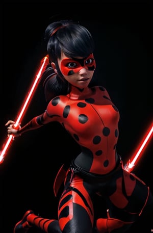 ultra wide angle, in focus, dark epic background, gorgeous lifelike, dynamic pose, ladybug mask, ladybug costume, two ponytails, red lightsaber, medium shot, hyper details, lighting art, cinematic, insane details, intricate details, hyperdetailed, goth, fractal, dark shot