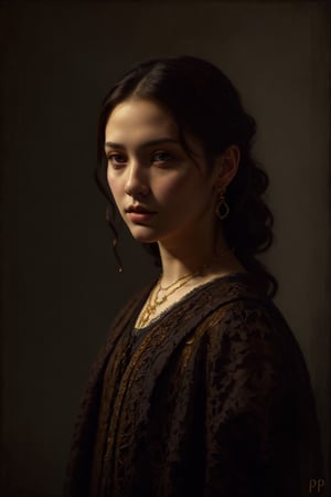 renaissaince style portrait, beautiful young woman . oil painting, Rembrandt lighting, dark and moody style,pp_v3,SD 1.5,photorealistic