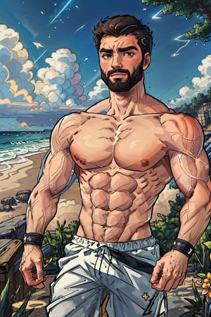 Highly detailed, High Quality, Masterpiece, beautiful, DrakePostingMeme, , 1boy, upper body, gigachad, in the beach,LightningPunkAI anime zoomed ,gigachad,paper_cut,xjrex colorful ultra realistic ,pixel_art,xjrex , muscular body
