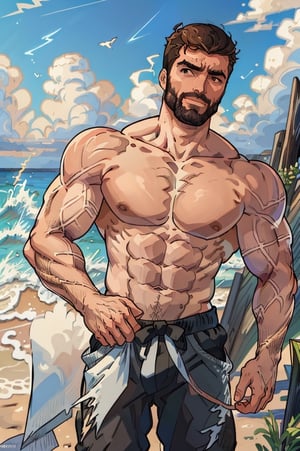 Highly detailed, High Quality, Masterpiece, beautiful, DrakePostingMeme, , 1boy, upper body, gigachad, in the beach,LightningPunkAI anime zoomed ,gigachad,paper_cut,xjrex colorful ultra realistic ,pixel_art,xjrex , muscular body
