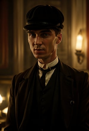 color photo of Thomas Shelby, the charismatic and ruthless leader of the Peaky Blinders black