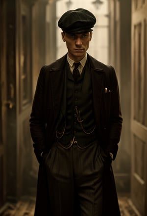 color photo of Thomas Shelby, the charismatic and ruthless leader of the Peaky Blinders black
