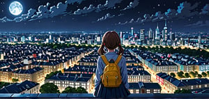 masterpiece, top quality, best quality, official art, beautiful and aesthetic, extreme detailed, colorful, highest detailed, (solo:1.5), a girl in Cityscape, Aerial View, night, moon, a girl,backview, school girl, serafuku, cute girl,
