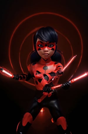 ultra wide angle, in focus, dark epic background, gorgeous lifelike, dynamic pose, ladybug mask, ladybug costume, two ponytails, red lightsaber, medium shot, hyper details, lighting art, cinematic, insane details, intricate details, hyperdetailed, goth, fractal, dark shot