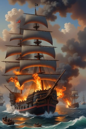 Oil of an epic naval battle between a pirate ship and a Spanish galleon, smoke, fire, art by AUGUSTO FERRER-DALMAU, cannons firing ,more detail XL,<lora:659095807385103906:1.0>