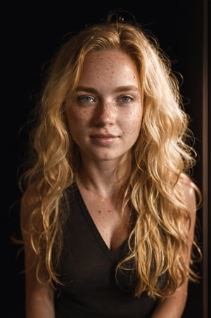 full body shot of a beautiful woman with curls and lots of freckles, (dirty blonde hair), (face portrait:1.5), dramatic light , Rembrandt lighting scheme, (hyperrealism:1.2), (photorealistic:1.2), shot with Canon EOS 5D Mark IV,Medium long shot,Front view
