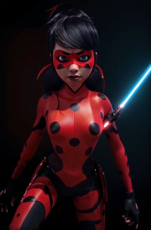 ultra wide angle, in focus, dark epic background, gorgeous lifelike, dynamic pose, ladybug mask, ladybug costume, two ponytails, red lightsaber, medium shot, hyper details, lighting art, cinematic, insane details, intricate details, hyperdetailed, goth, fractal, dark shot