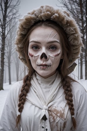 (best quality,highres,masterpiece:1.2),ultra-detailed,realistic, (wintery, snowy),windy (landscape:1.1), (horror, macabre, unsettling), (eerie atmosphere, creepy), (women:1.1, dressed as a snow maiden), (skull:1.1) on her face, (covered in blood), (distorted focus), (haunted), (horror film), (scary, evil)

