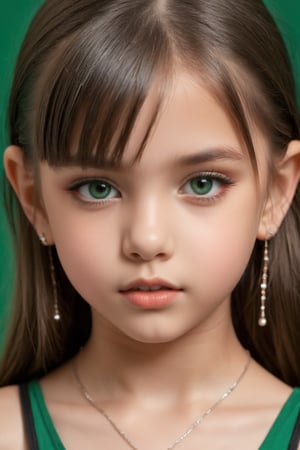 9yo tween girl with eye-catching, piercing gaze, biting lips (close_up), light makeup, portrait, micro skirt and mini top, revealing, sexy, dark green background,