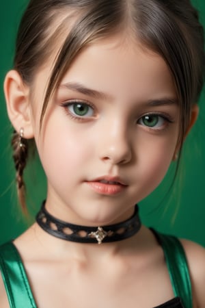 9yo tween girl with eye-catching, piercing gaze, biting lips (close_up), light makeup, portrait, micro skirt and mini top, revealing, sexy, dark green background,