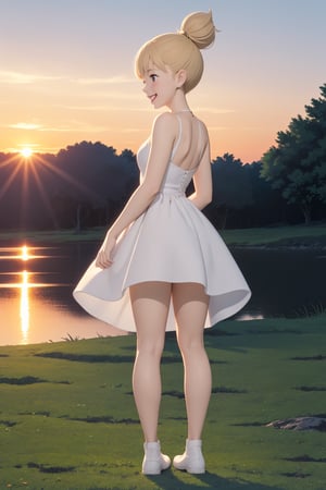 score_9, score_8_up, score_7_up, source_real, pretty young girl, tiny,  blond_hair, long hair, wearing a very cute short light white dress, panties a little reaveling, happy, visibly_happy, at the park, sunset, from back, full_body, 