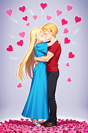 young girl, 18 years old, long blond_hair, standing, wearing a cute long dress, in love, passion, kissing, hugging, 1man(muscular), social clothes, smile, closed_eyes, plastic hearts on background, plauground background, full_body