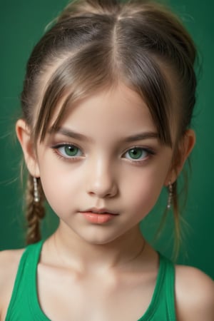 9yo tween girl with eye-catching, piercing gaze, biting lips (close_up), light makeup, portrait, micro skirt and mini top, revealing, sexy, dark green background,