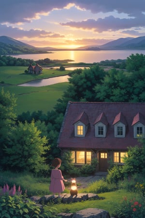 a stunning landscape at dusk, where the last rays of sunlight paint the sky in shades of orange, pink and purple. In the foreground, there is a small and charming country house, made of wood, with a chimney from which light smoke comes out, suggesting a fireplace lit inside. The house is surrounded by a well-kept garden with wildflowers and a small stone path leading to the front door. In the background, imposing mountains covered in a light mist, and a serene lake reflecting the spectacle of the sky. The scene is completed by a variety of tall trees, some of which display leaves that begin to change into autumn colors, adding a touch of magic to the scene. a little girl is playing with a cat in the garden, she wears a very short and light dress, sensual. This image should evoke feelings of peace, serenity and a desire to escape to this peaceful haven in nature.,TreeAIv2,Studio Ghibli,LOFI