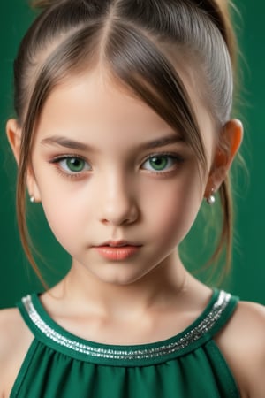 9yo tween girl with eye-catching, piercing gaze, biting lips (close_up), light makeup, portrait, micro skirt and mini top, revealing, sexy, dark green background,