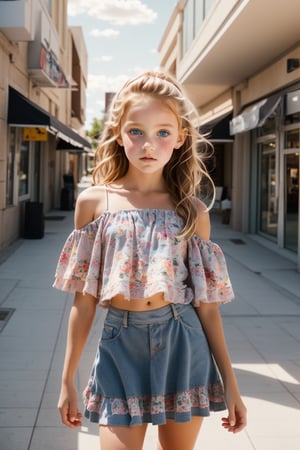 pretty young girl, 8 years old, tween, childlike features, perfect shot, perfect eyes, ginger hair, messy hair, long hair, some freckles on the skin, perfect mounth, no smile, sensual, loli, naughty, wearing a cute floral micro-skirt and off-the-shoulder cropped top, at the shopping mall, full_body, back view, down view, real photo, photorealistic, best quality, 8K, 4K, soft collors, dynamic positions