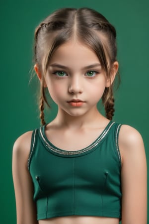 9yo tween girl with eye-catching, piercing gaze, biting lips (close_up), light makeup, portrait, micro skirt and mini top, revealing, sexy, dark green background,