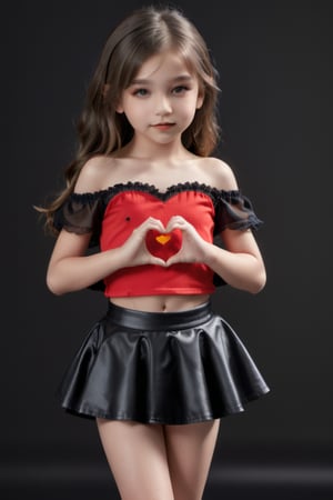 11yo slutty young girl with eye-catching, full body shot, standing, posing, cute micro skirt and off-shoulder mini top, dark background,Extremely Realistic,heart hands