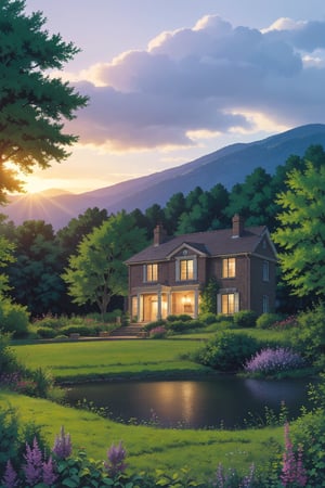 a stunning landscape at dusk, where the last rays of sunlight paint the sky in shades of orange, pink and purple. In the foreground, there is a small and charming country house, made of wood, with a chimney from which light smoke comes out, suggesting a fireplace lit inside. The house is surrounded by a well-kept garden with wildflowers and a small stone path leading to the front door. In the background, imposing mountains covered in a light mist, and a serene lake reflecting the spectacle of the sky. The scene is completed by a variety of tall trees, some of which display leaves that begin to change into autumn colors, adding a touch of magic to the scene. A little girl is in the garden, 10 years old, all_fours, she wears a very short and light white dress, sensual, sexy. This image should evoke feelings of peace, serenity and a desire to escape to this peaceful haven in nature.,TreeAIv2,Studio Ghibli,LOFI
