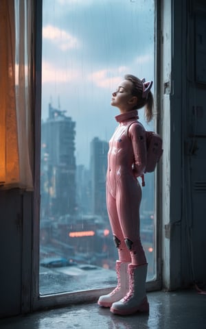 score_9, score_8_up, score_7_up, source_real, tiny pretty young girl, 12 years old, slim, cute, tween, infant, thin, long blond_hair, wearing a pink catsuit, futuristic, futuristic long white boots, no smile, closed_eyes, chin up, pony tail, full_body, side view, inside the apartment, next to the window, rainy and cloudy day, cyberpunk city in the background, night, dark, deep background, Extremely Realistic, scenery