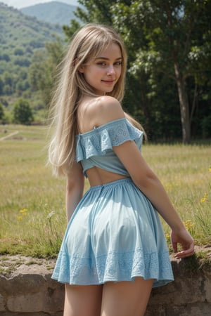 AIDA_LoRA_HanF, hyper realistic image of captivatin beautiful cute smiling girl, 18 years old, with white blonde hair, pale blue eyes, showing her ass, perk ass, wearing cute dress, off-shoulder, masterpiece, (intricate details) highly detailed, vibrant, production film, ultra high quality, photography style, Extremely Realistic, (((Dramatic light))), mountain scenery, outdoor, daylight, little revealing, facing the camera, dynamic view