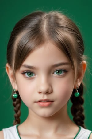 9yo tween girl with eye-catching, piercing gaze, biting lips (close_up), light makeup, portrait, micro skirt and mini top, revealing, sexy, dark green background,