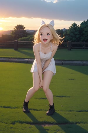 score_9, score_8_up, score_7_up, source_real, pretty young girl, tiny,  blond_hair, long hair, wearing a very cute short light white dress, panties a little reaveling, happy, visibly_happy, at the park, sunset, all_fours, full_body, 