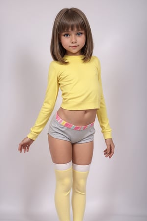 A young girl, around 11 years old, with a petite build and a mini-style, stands in alluring pose and the legs are slightly open. childish colorful wear with thigh high socks, looking down with a mixture of curiosity and embarrassment against a bright yellow background.(bright yellow background)