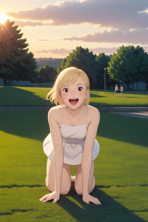 score_9, score_8_up, score_7_up, source_real, pretty young girl, tiny,  blond_hair, long hair, wearing a very cute short light white dress, panties a little reaveling, happy, visibly_happy, at the park, sunset, all_fours, full_body, 