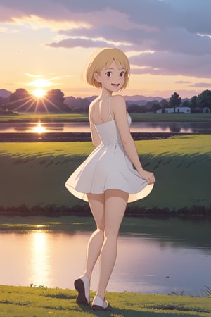 score_9, score_8_up, score_7_up, source_real, pretty young girl, tiny,  blond_hair, long hair, wearing a very cute short light white dress, panties a little reaveling, happy, visibly_happy, at the park, sunset, from back, full_body, 