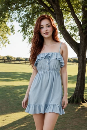 pretty young girl, 18 years old, ginger, redhair, very long hair, messy hair, freckles on the face, freckles on the skin, perfect blue eyes, standing, wearing a light dress with ruffles, posing, revealing, sexy, naughty, park background, sunny, sun lights, down view, view from below, botton view, front_view, full_body, Extremely Realistic,