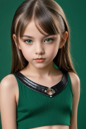 9yo tween girl with eye-catching, piercing gaze, biting lips (close_up), light makeup, portrait, micro skirt and mini top, revealing, sexy, dark green background,