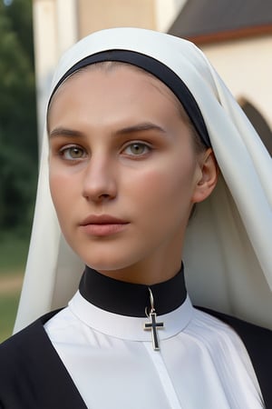  ((nun)),pretty slavic young woman, tanned skin, realistic,  (masterpiece:1.4),  (((nun ))) outdoors, church, thin black choker