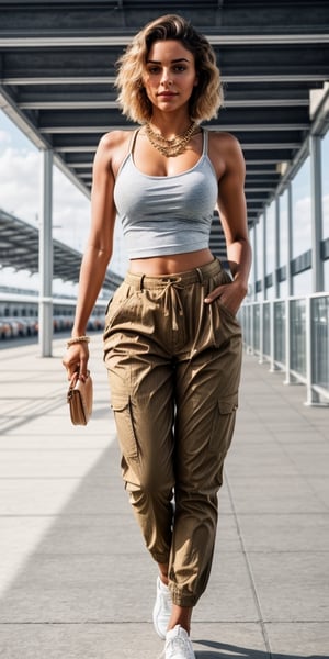 full body shot of a sexy slavic woman, brown skin, 23 years old, symmetrical, ((wearing light cotton pants and a tight tshirt)), queing at an airport on her way to a summer holiday, colorful, lipstick, sunny daytime light, photo, cinematic, short blonde hair, pretty green eyes, messy hair, (perfect breasts, wide hips, juicy thighs), standing, stand up, dynamic pose, portrait quality face, depth of field, Hi-Definition, Best Quality, professionally shot, full view, full-length, full body shot, dynamic view, large chain around neck