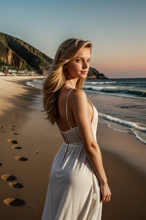 A swedish goddess, viewed_from_side:0.4, masterpiece, (detailed white frock), 22yo, blond_hair, ((distant shot)), tanned, tall:0.5, (Slender:1.2), ((hips:0.5)), svelt, firm_breasts:1.1, pretty face, pretty eyes, Classy glamour photograph for a magazine ,a masterpiece, evening lighting on a beach,