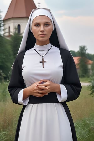 ((full body length photo)), ((nun)),pretty slavic young woman, tanned skin, realistic,  (masterpiece:1.4),  (((nun ))) outdoors, church, thin black choker, (amazing chest), huge breasts, p3rfect boobs,