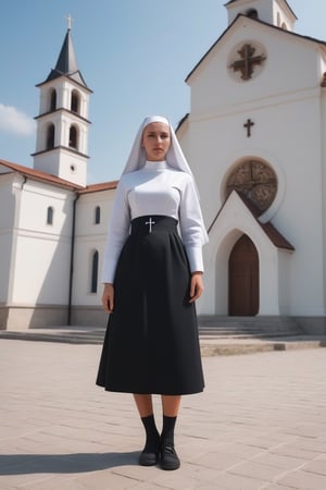 ((full body length photo)), ((nun)),pretty slavic young woman, tanned skin, realistic,  (masterpiece:1.4),  (((nun ))) outdoors, church, thin black choker, (amazing chest), huge breasts, p3rfect boobs,