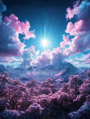 ↑ trending on artstation ★★★★☆ ✦✦✦✦✦, 
In the distance, clouds like delicate wisps of cotton candy dance across the sky in a mesmerizing display. The sun's rays illuminate their fluffy forms, creating a breathtaking scene of tranquility and beauty. This exquisite photograph captures the ethereal essence of a serene moment in nature, with each cloud etched with intricate detail and soft, billowing texture. The clarity of the image is striking, showcasing the vivid colors and textures of the clouds with unparalleled sharpness and depth. It is a truly stunning portrayal of the natural world at its most sublime. FuturEvoLabCity,FuturEvoLabCyberpunk