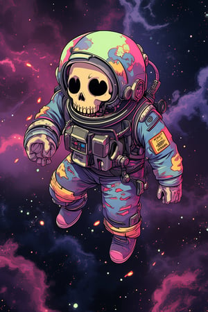 A Skull Astronaut floats in a Psychedelic space full of color with a pink nebula base. 