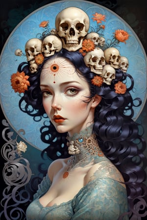 Memento Mori by Karol Bak, Jean Deville, Gustav Klimt, and Vincent Van Gogh, beautiful visionary mystical calavera portrait, otherworldly, botanical organic fractal structures by William Morris, ornate gilded medieval icon, third eye, spirals head and shoulders portrait of battle angel alita, Apex Legends illustration, medium shot, intricate, goth, skulls, highly detailed, digital art, Psychedelic chiaroscuro , art by gil elvgren and greg manchess and sachin teng