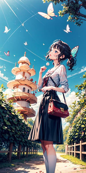 1girl, ,candystyle, little girl, arounding butterfly, park, beautyful place, green, anime, nature_background, dramatic, film, 4k, blue sky, white cloud