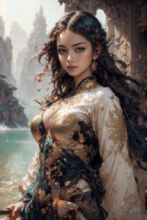 1girl, 8k, intricate, elegant, highly detailed, majestic, digital photography, art by artgerm and ruan jia and greg rutkowski surreal painting gold butterfly filigree, broken glass, (masterpiece, sidelighting, finely detailed beautiful eyes: 1.2), hdr, full_body, magic wand, water binder 