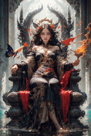 1girl, 8k, intricate, elegant, highly detailed, majestic, digital photography, art by artgerm and ruan jia and greg rutkowski surreal painting gold butterfly filigree, broken glass, (masterpiece, sidelighting, finely detailed beautiful eyes: 1.2), hdr, full_body, magic wand, water binder, throne, dragon, fire. 