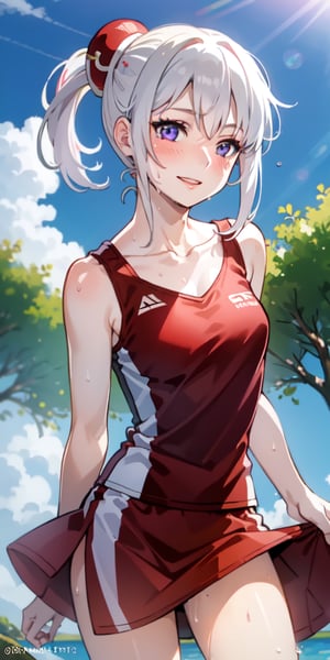 realistic, 1girl, ponytail, parted lips, blush, makeup, light smile, white hair, sportswear, skirt, wet clothes, glow, thighs, purple eye, bare shoulders, collarbone, narrow waist, sunbeam, sunlight, rose, wind, cleavage, (masterpiece), sweat,kgr1, red dress