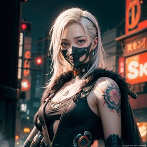analog style, Post-apocalyptic Cyberpunk WOMAN, realistic portrait style, digital concept art, credit- Greg Rutkowski, Alphonse Mucha, H.R. Giger, Artgerm,cinematic angle ,whole body,oil painting,, original, extremely detailed wallpaper,solo,{beautiful detailed eyes}, face only, post-apocalyptic cyberpunk world,grim and gritty,woman,cybernetic enhancements,glowing tattoos,Story, bride posing under a fairy tale, elaborate scene style, glitter, orange, realistic style, 8k,exposure blend, medium shot, bokeh, (hdr:1.4), high contrast, (cinematic, dark orange and white film), (muted colors, dim colors, soothing tones:1.3), low saturation, (hyperdetailed:1.2), (noir:0.4),Wlop,womb tattoos, yakuza, katana, samurai, weapon, tattoos, portrait, assassins, wearing mask