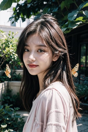 masterpiece, best quality, 1girl ((garden background)), black hair, floating hair, blush, looking at viewers, white T-shirt, happy, ((front)),upper body, close-up, (studio light), photorealistic, 19 years old, butterflies